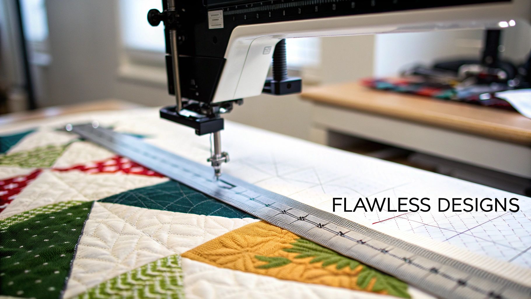 Close-up of a longarm quilting machine using a ruler to create intricate patterns on a vibrant quilt.