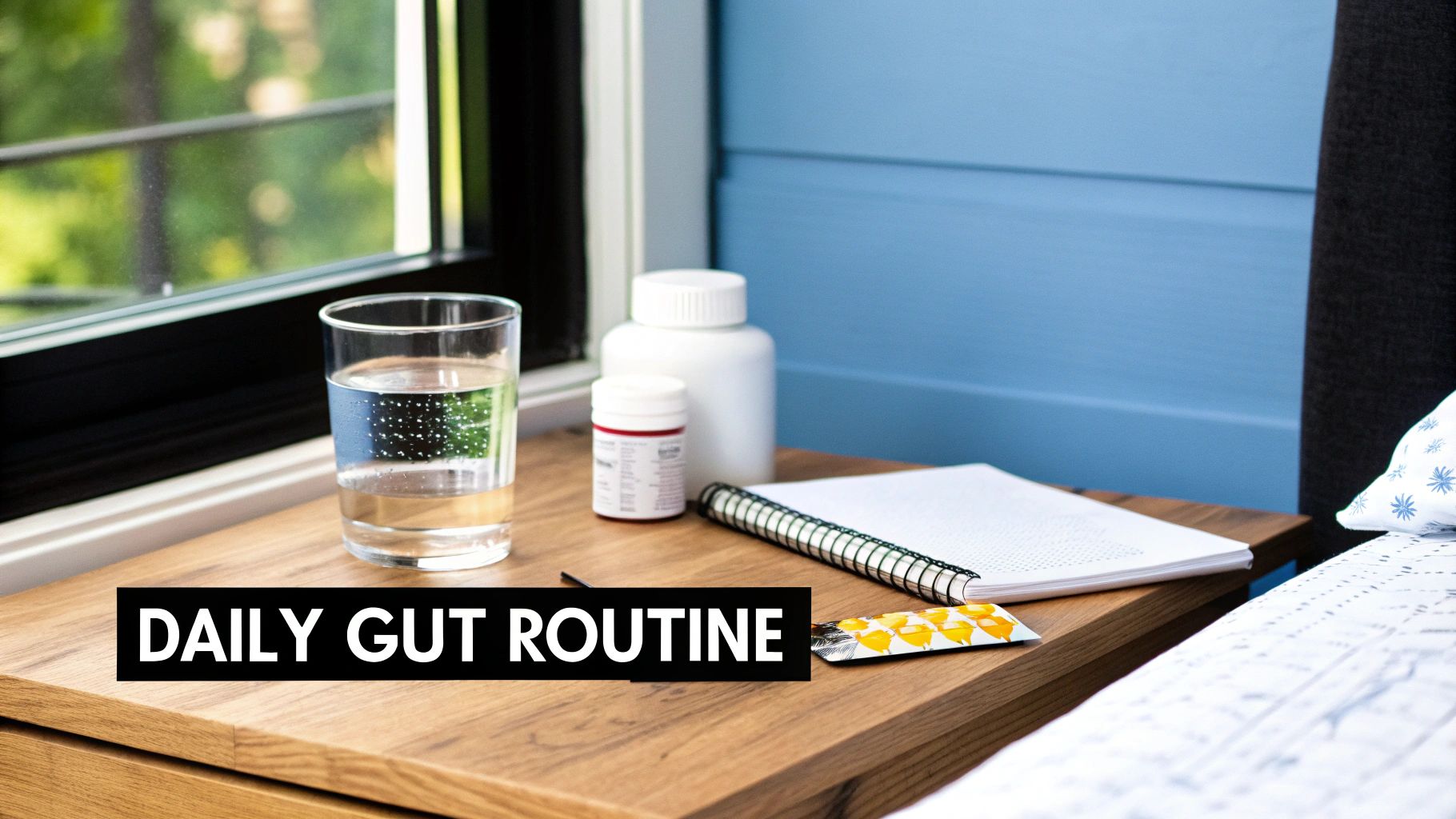 A glass of water, medication bottles, notebook, and pills on a nightstand for a daily gut routine.