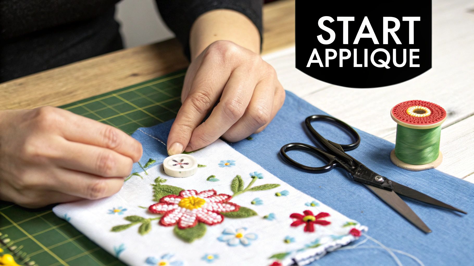 Close-up of hands sewing a decorative button onto a fabric with colorful embroidered flowers and applique designs.