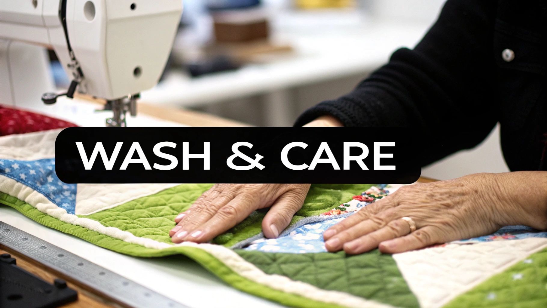 Close-up of hands on a colorful patchwork quilt with a sewing machine, a black banner reads 'WASH & CARE'.