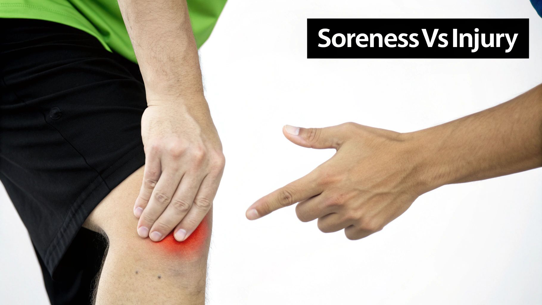 A person clutches their painful knee with a red glow, while another hand points. Text says 'Soreness Vs Injury'.