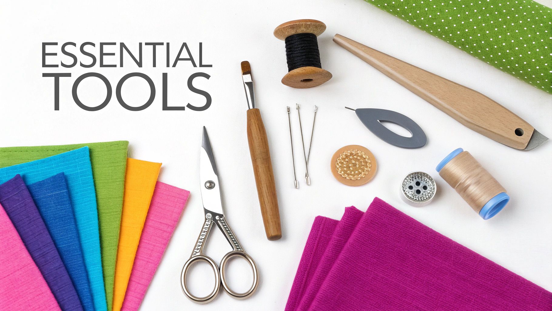 Colorful fabric swatches, scissors, thread spools, needles and sewing tools arranged on white background