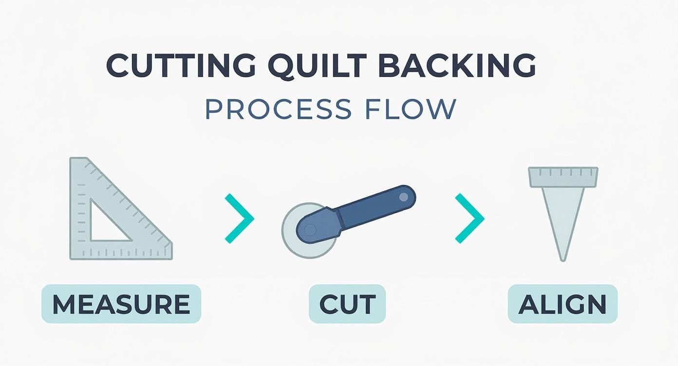 Infographic about how to piece a quilt back, showing the process of Measure, Cut, and Align.