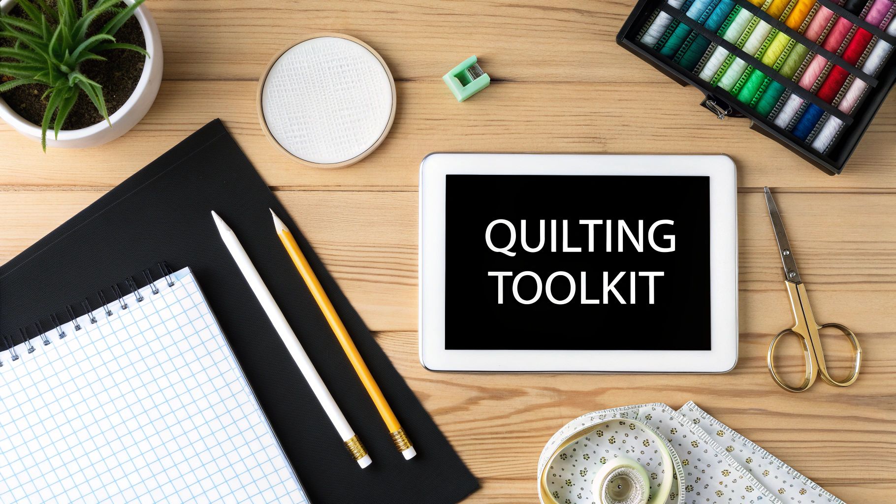 A close-up of essential hand quilting tools laid out on a wooden surface, including needles, a thimble, thread, and fabric markers.