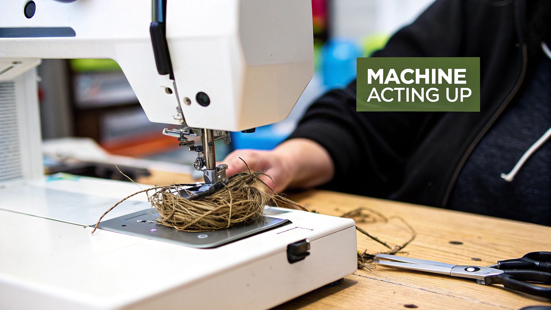 A person troubleshooting a sewing machine with fabric and thread visible