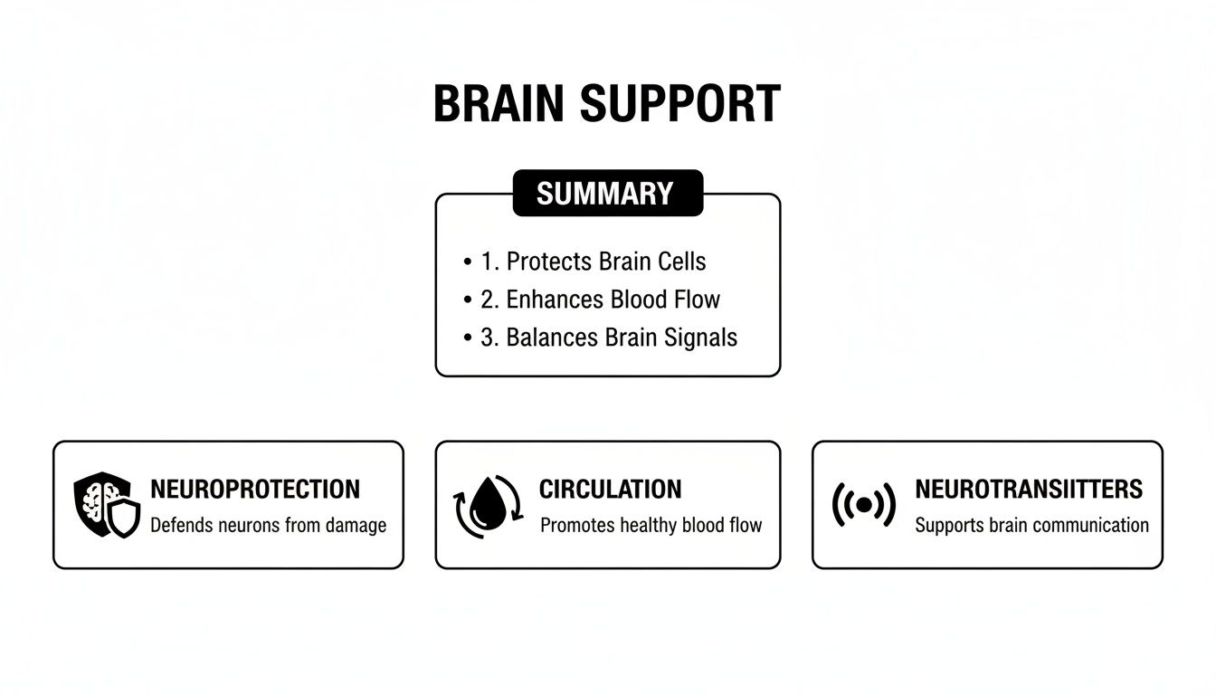 Infographic detailing brain support benefits, including neuroprotection, circulation, and neurotransmitter balance for optimal brain health.