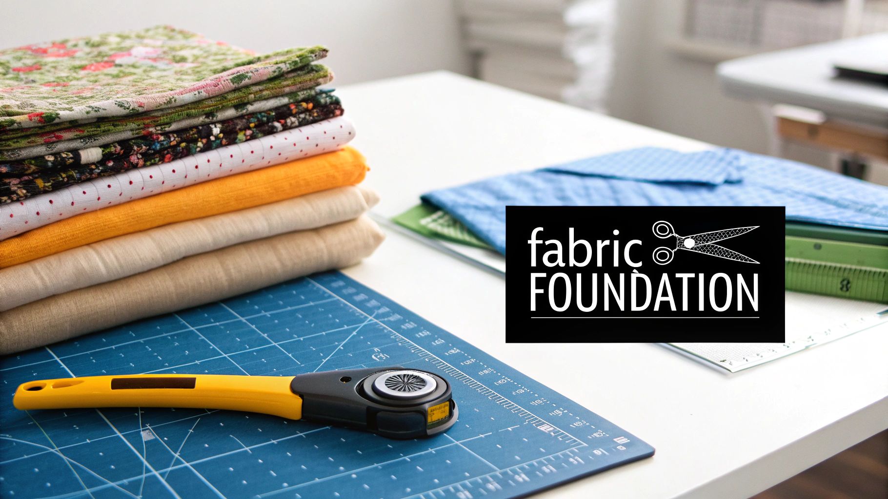 A stack of colorful fabrics and a rotary cutter on a blue cutting mat with a Fabric Foundation logo.