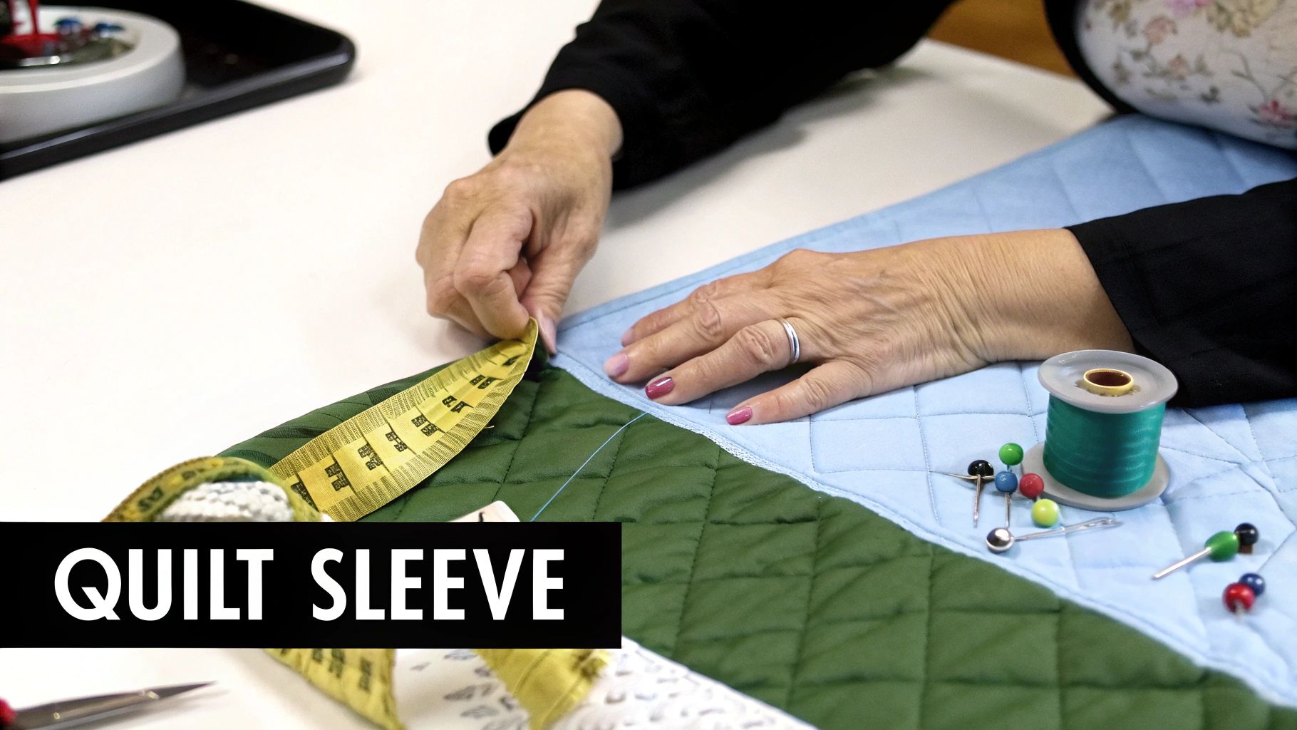 Close-up of hands measuring a green and blue quilted fabric with a yellow tape measure, with thread and pins nearby.