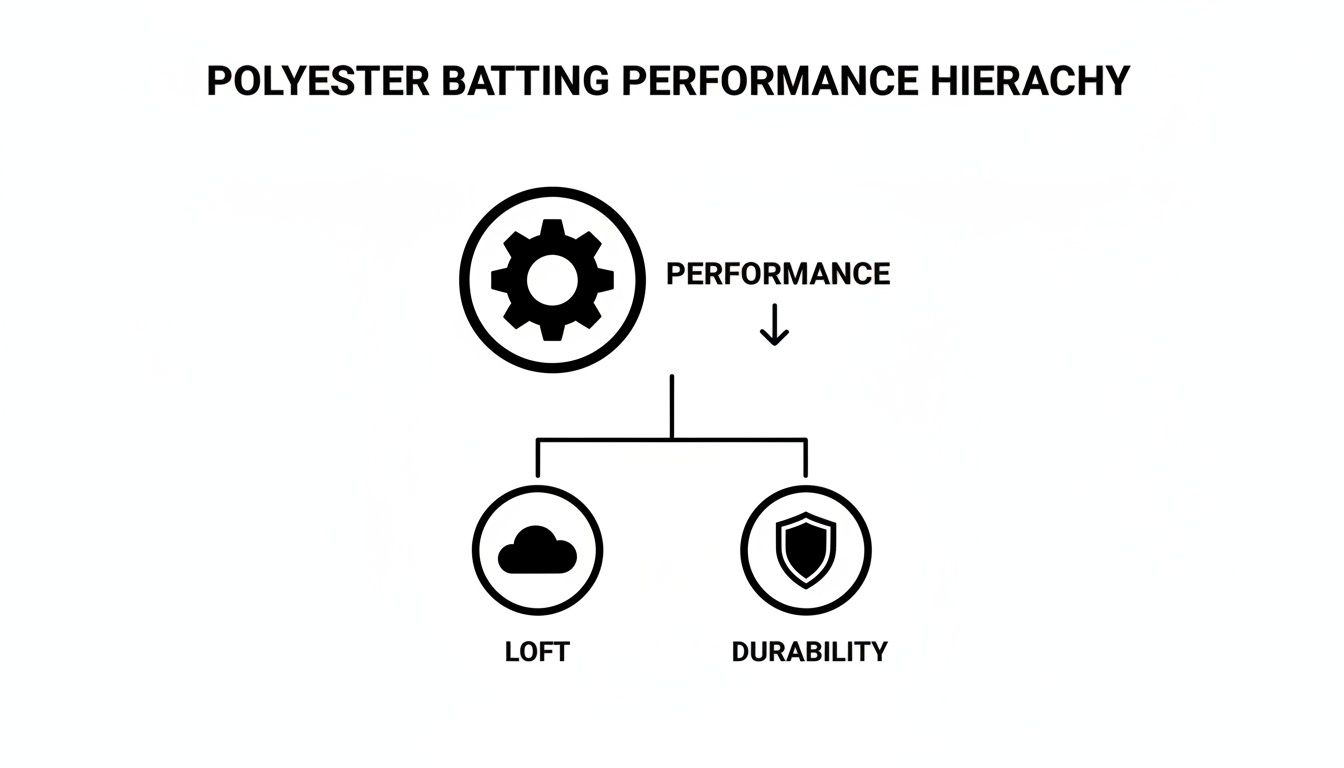 Diagram illustrating the polyester batting performance hierarchy, breaking down performance into loft and durability.