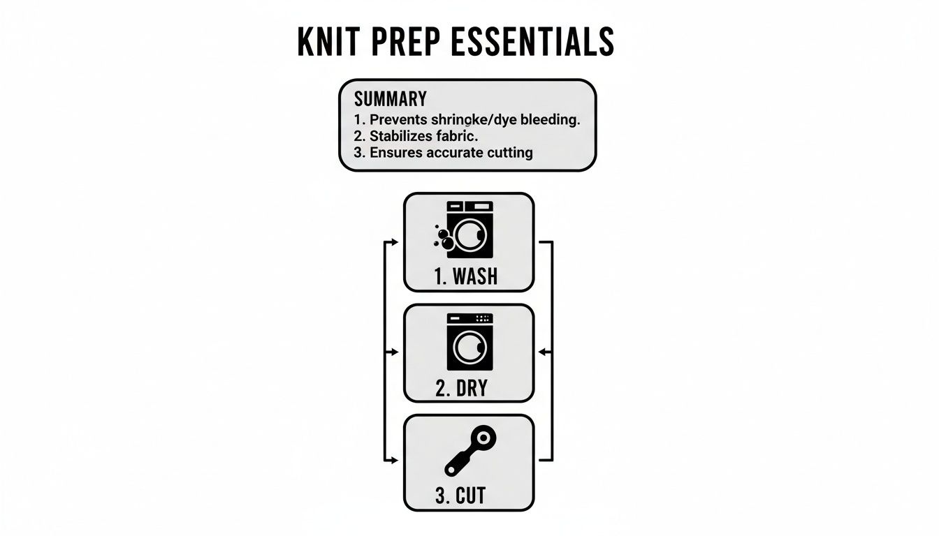 Knit prep essentials diagram outlining wash, dry, and cut steps to prevent shrinkage and stabilize fabric.