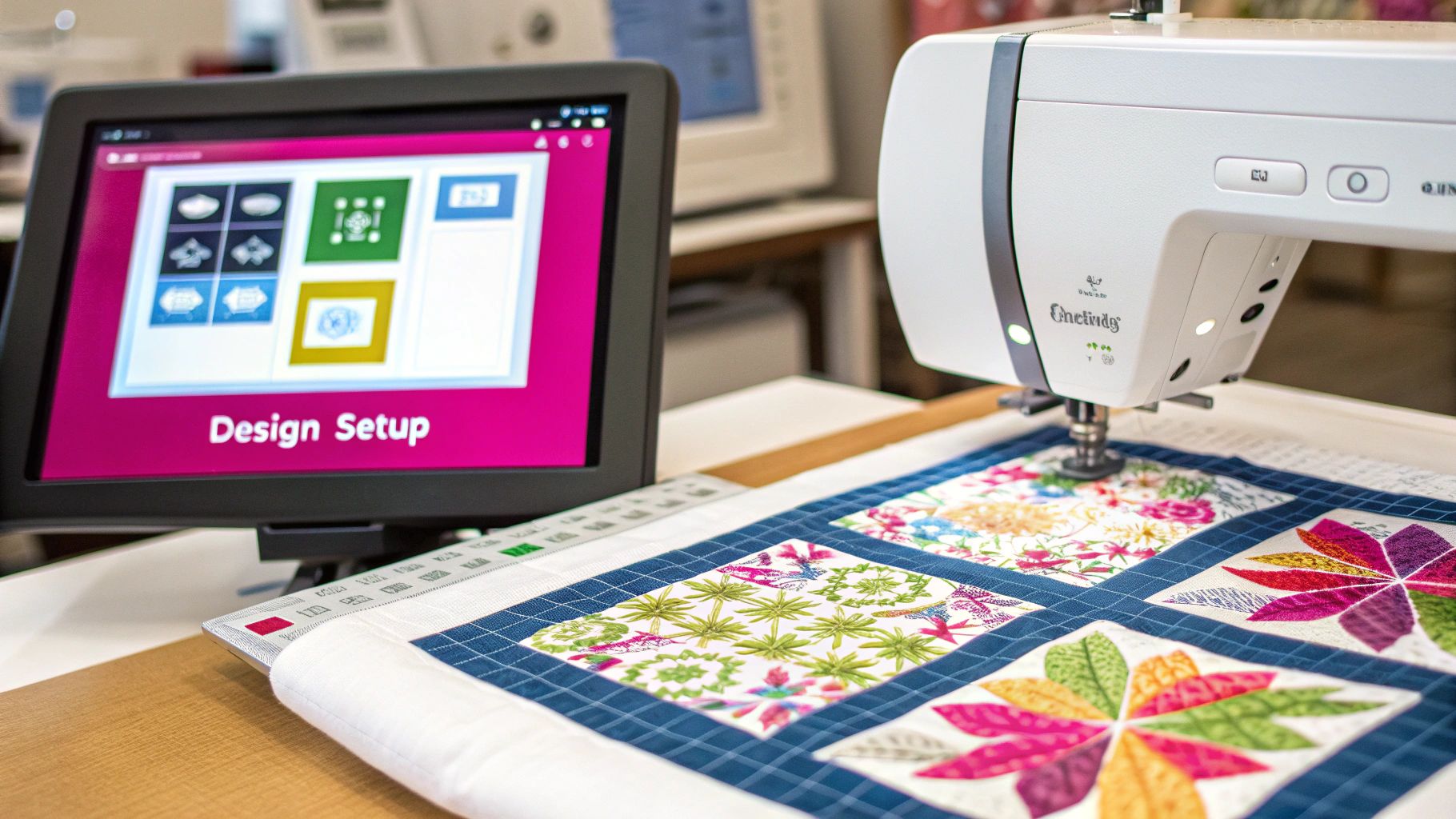 A close-up of an embroidery machine stitching a detailed quilting design onto a quilt.