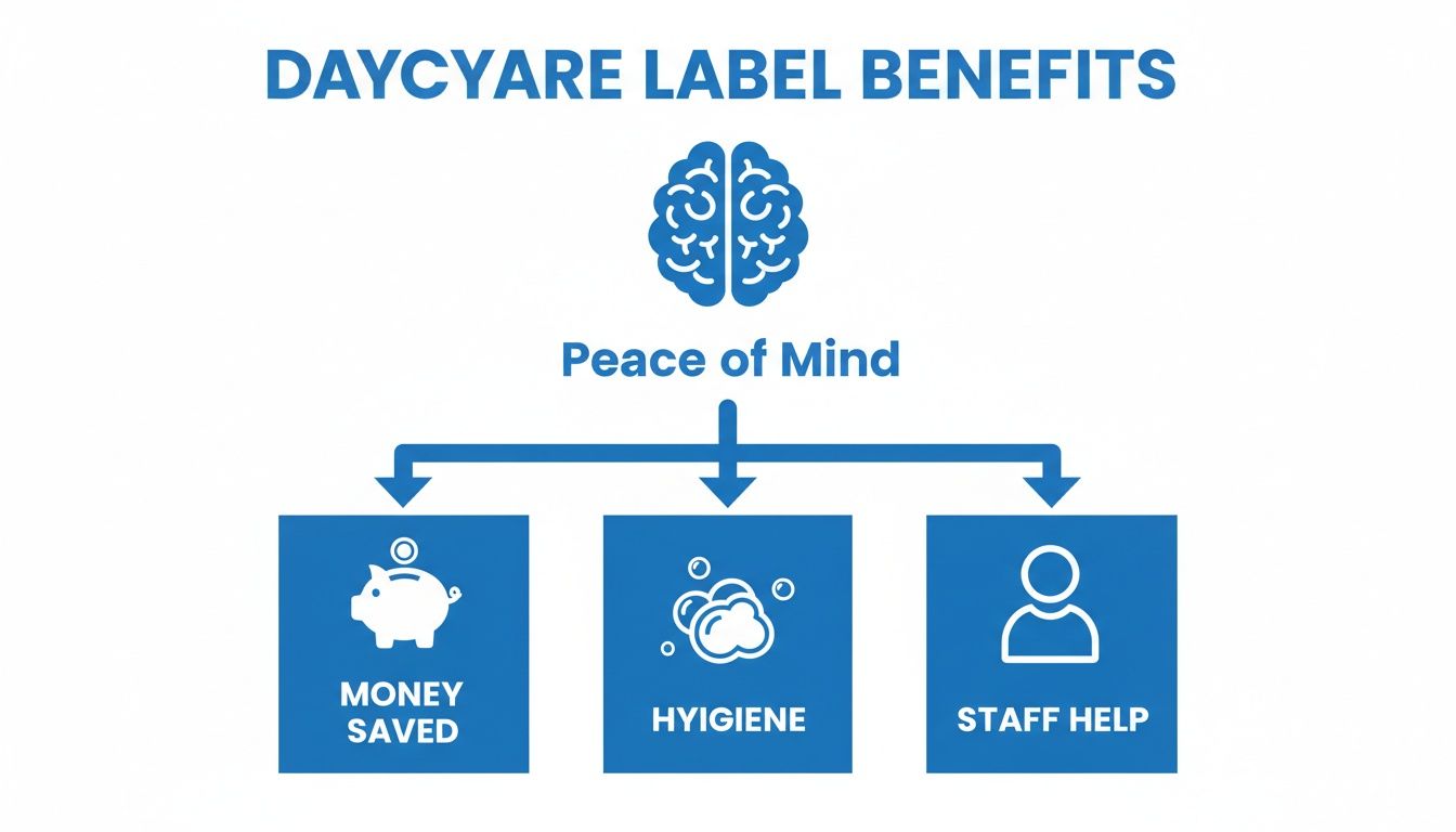 Flowchart detailing daycare label benefits including peace of mind, money saved, hygiene, and staff help.