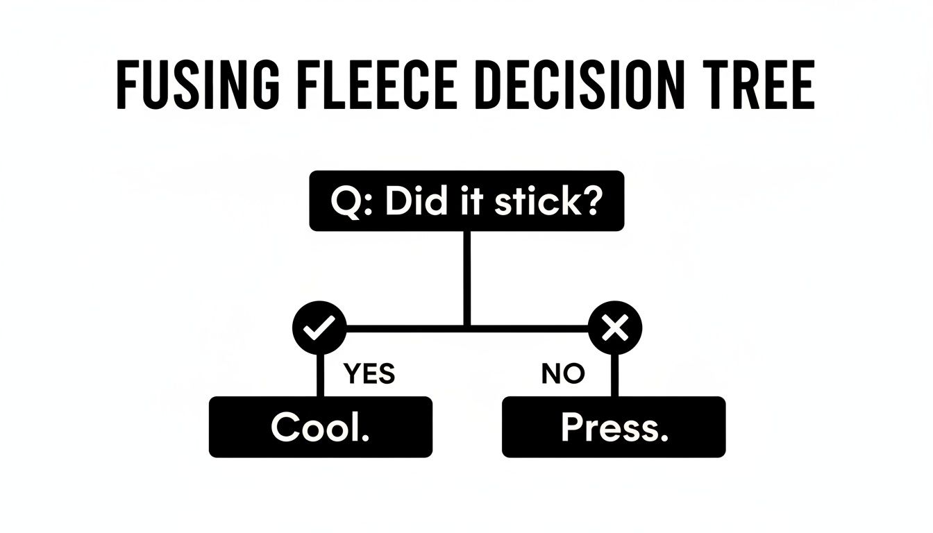 A black and white decision tree for fusing fleece, asking 'Did it stick?' with 'Cool' for yes and 'Press' for no.