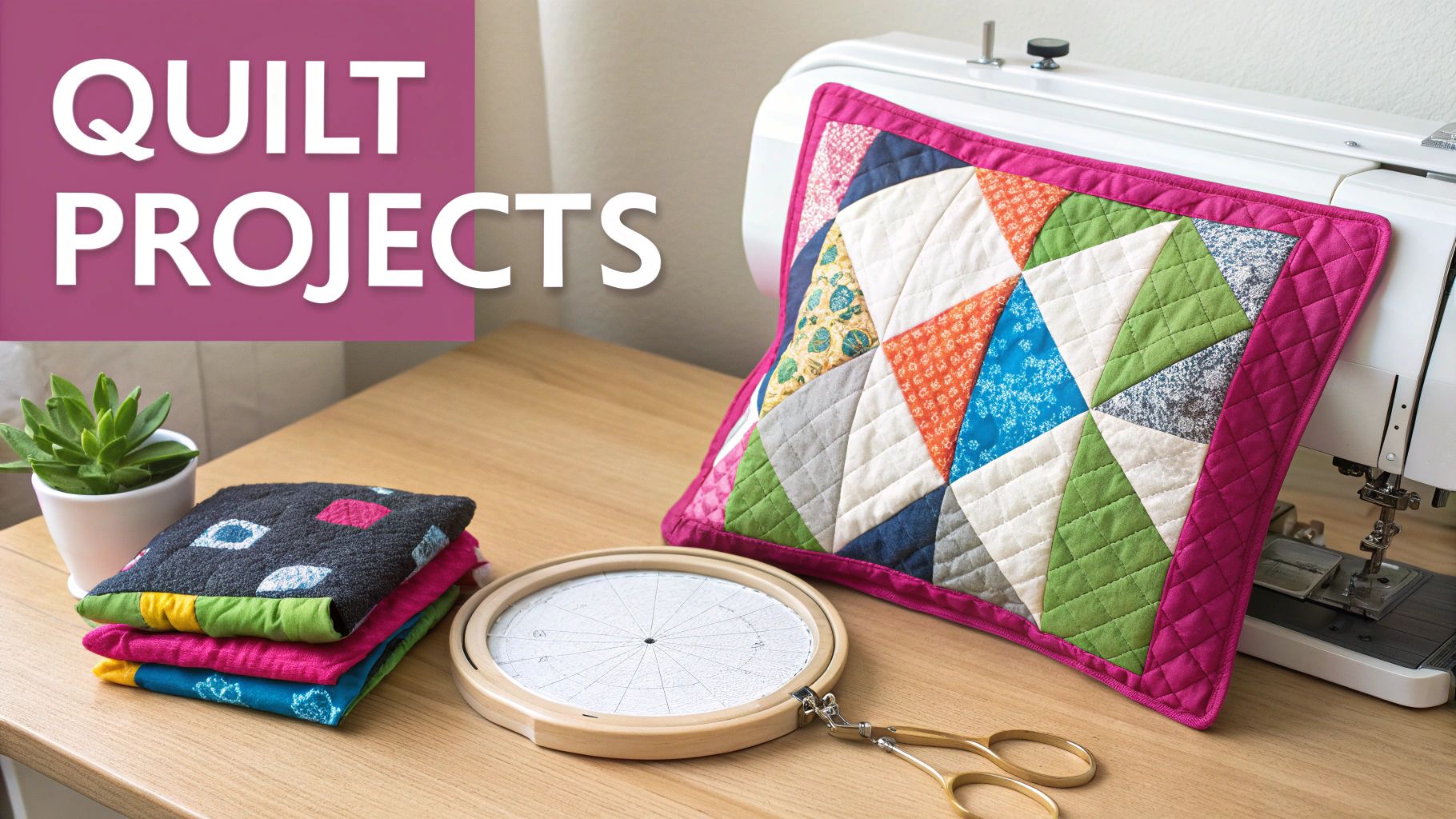 A vibrant collection of quilting projects and tools, including a pillow and fabric squares, on a wooden table.