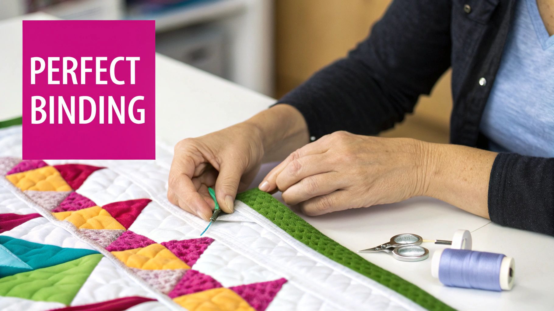 Woman's hands meticulously stitching a green binding onto a vibrant, patterned quilt.
