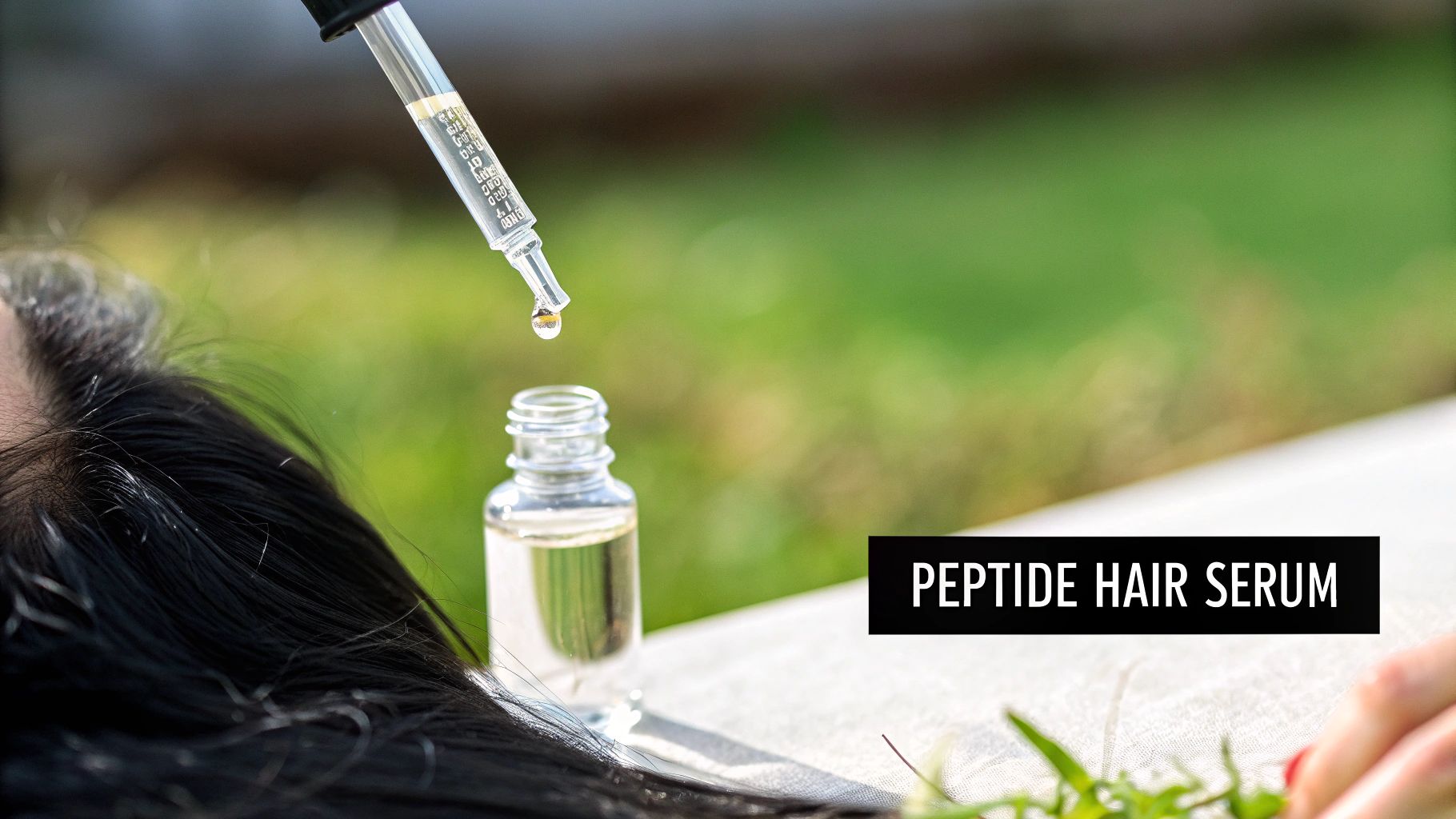 A dropper dispenses peptide hair serum into a bottle, with dark hair visible, for hair growth.