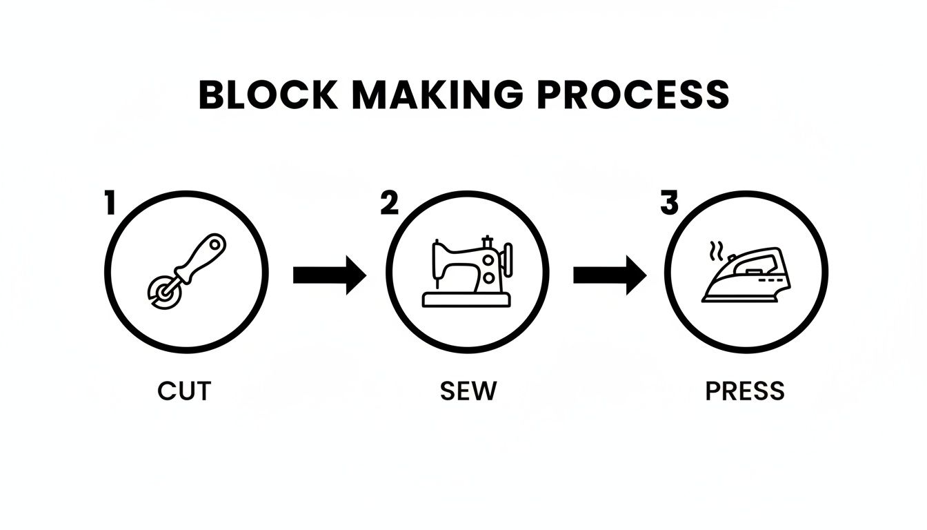 A diagram showing the block making process for quilting: cut with a rotary cutter, sew, and press with an iron.