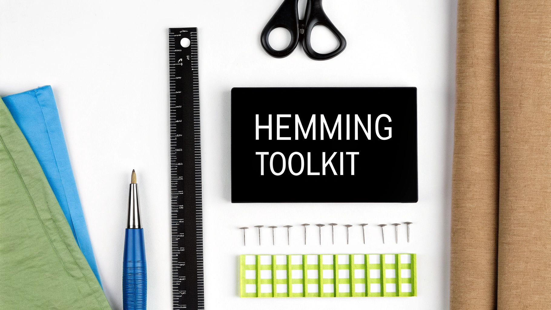 Flat lay of hemming toolkit essentials: fabric, ruler, scissors, pins, and a 'Hemming Toolkit' sign.