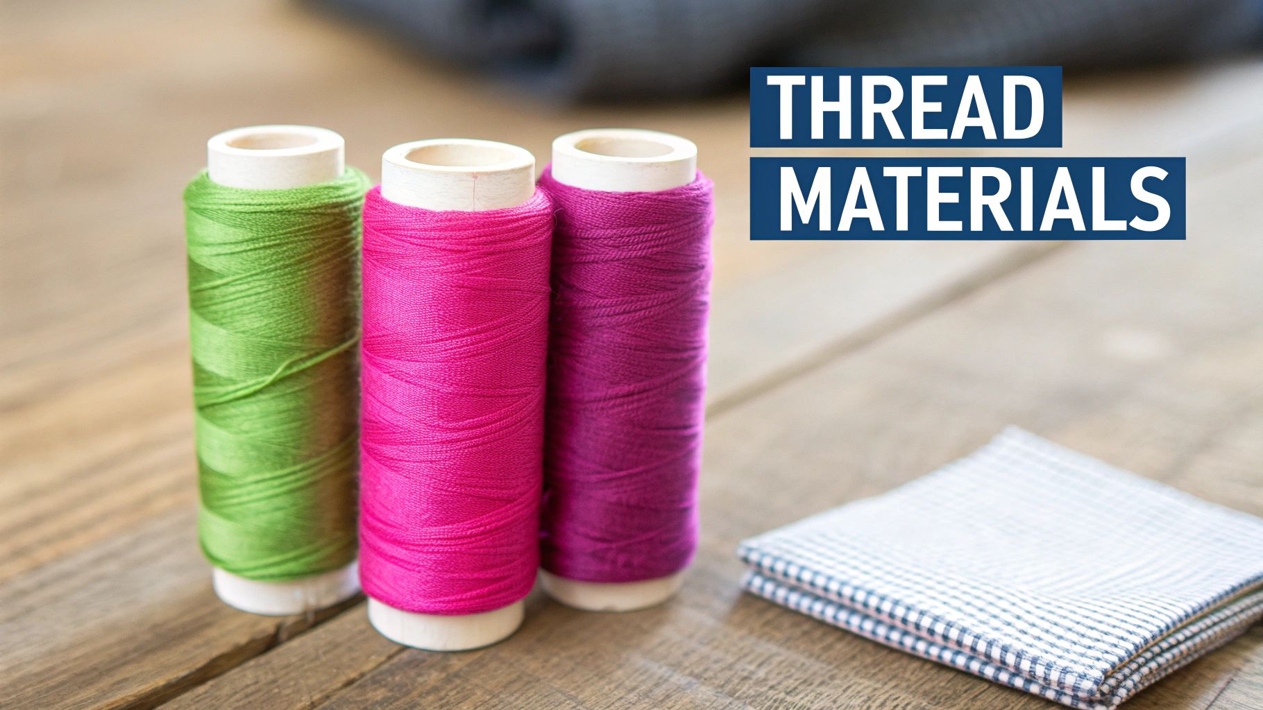 A close-up of various colorful spools of quilting thread neatly arranged.