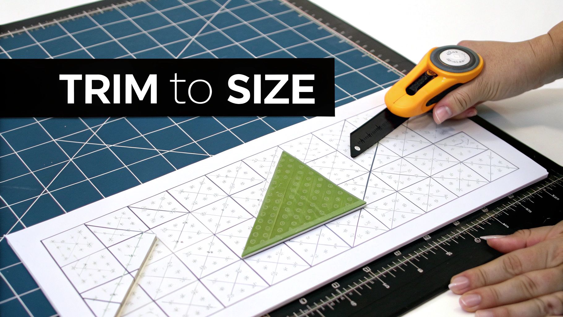 Hands use a rotary cutter and ruler to trim a patterned paper piece for quilting on a grid mat, with 'TRIM to SIZE' overlay.
