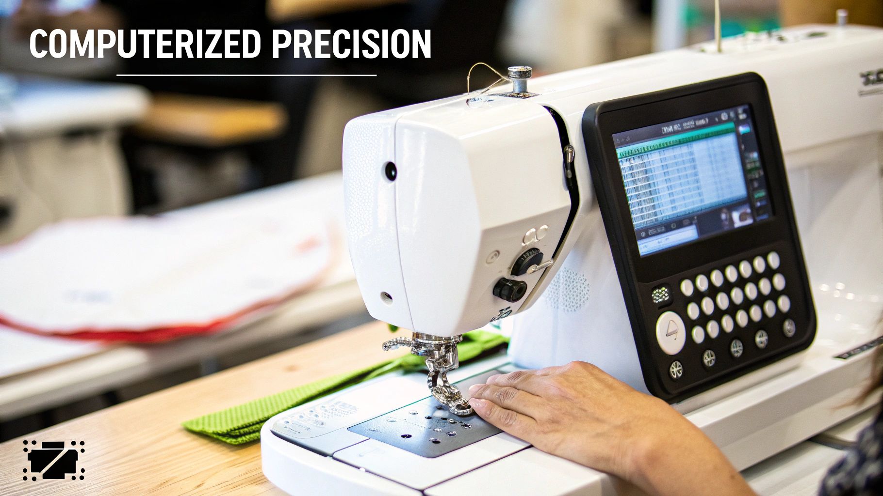 A person's hand guides fabric on a white computerized sewing machine with a digital screen, emphasizing precision.