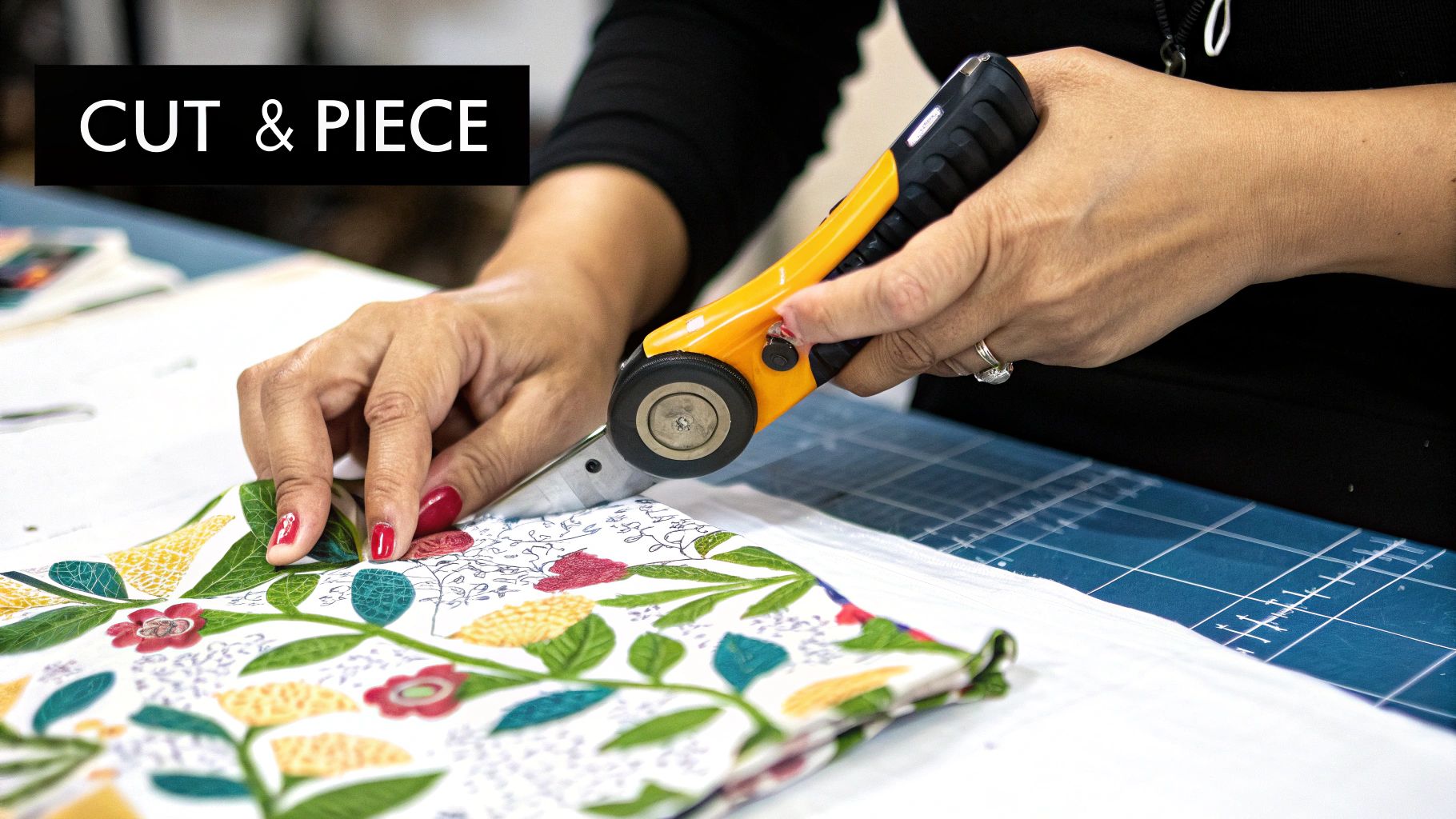 Three layers of a quilt—top, batting, and backing—being smoothed out on a large table.