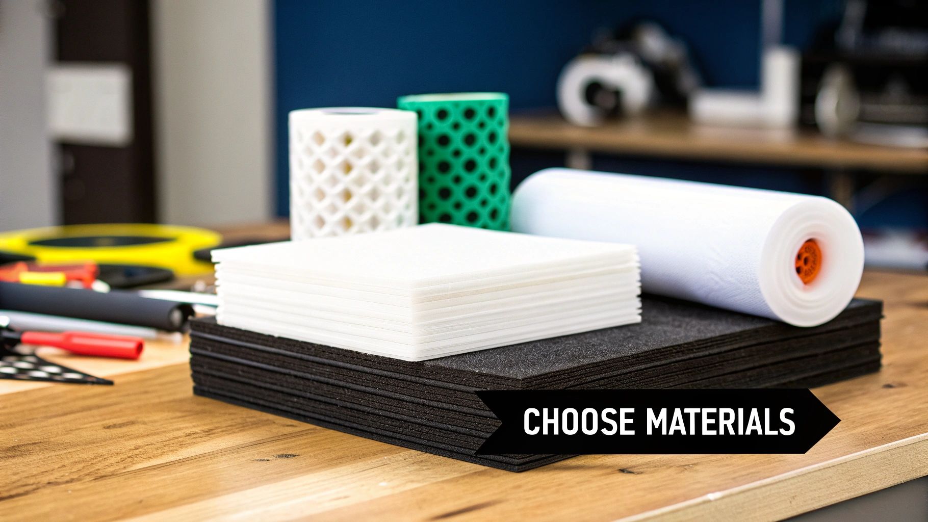 A variety of crafting materials including white and black sheets, textured rolls, and patterned cylinders on a wooden table.