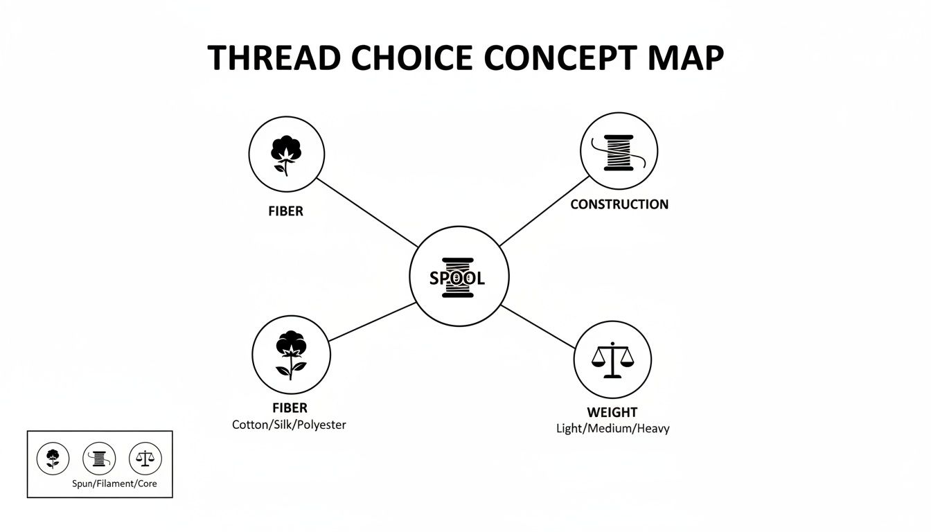 A thread choice concept map showing factors like fiber (cotton, silk, polyester), construction (spun, filament, core), and weight (light, medium, heavy) surrounding a central spool.