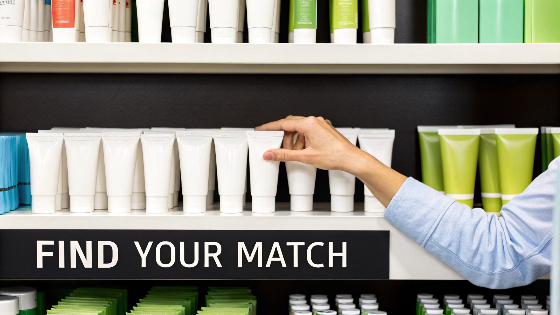 A person's hand reaches for a white tube on a retail shelf displaying various beauty products. A sign below reads 'FIND YOUR MATCH'.