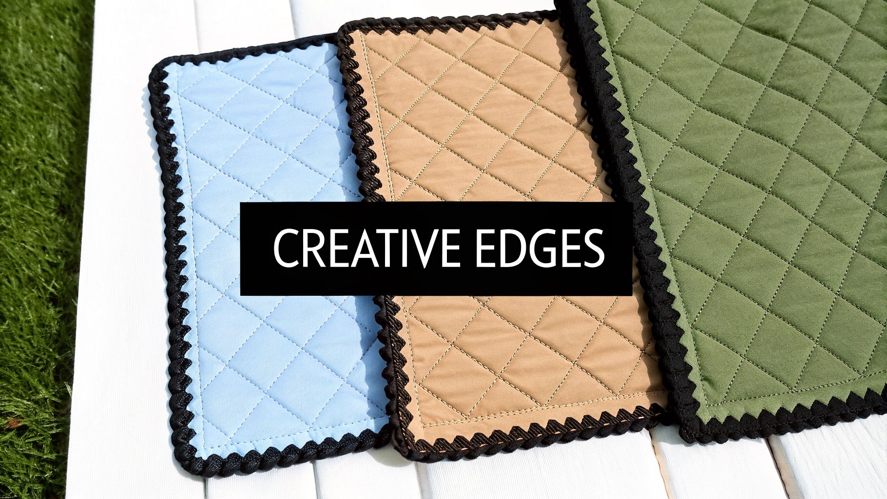 Three quilted fabric pieces in blue, tan, and green with decorative black scalloped edges.