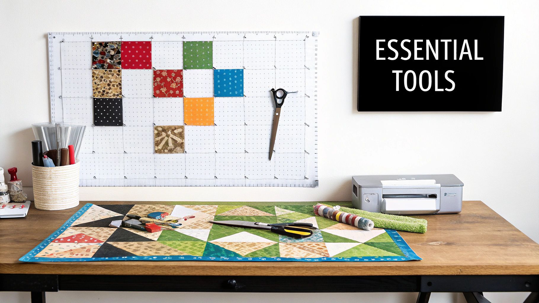 A collection of essential quilting tools including a rotary cutter, mat, rulers, and fabric.