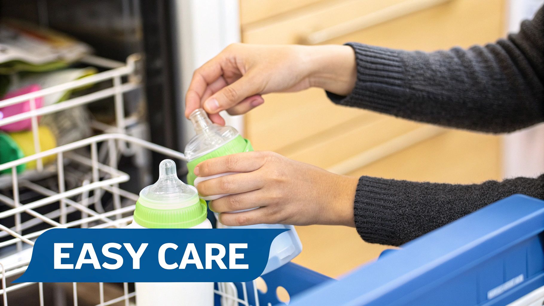 A person's hands place baby bottles with green bases into a dishwasher rack for easy cleaning.