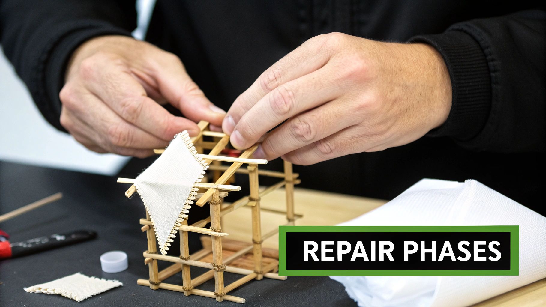 Hands carefully construct a small bamboo model structure with a fabric roof, illustrating repair phases.