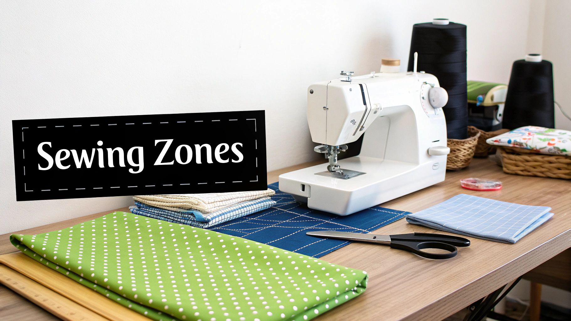 A sewing machine, colorful fabrics, threads, and tools on a wooden table with a 'Sewing Zones' sign.
