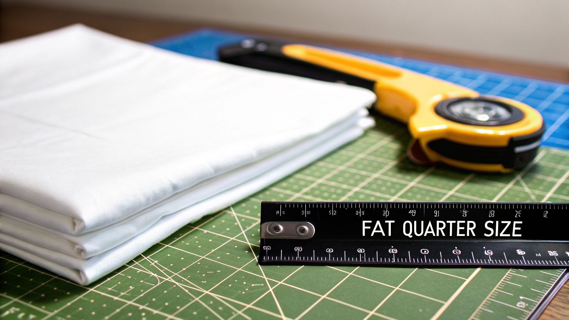 A stack of white fat quarter fabric with a ruler displaying 'FAT QUARTER SIZE' and a rotary cutter on a cutting mat.
