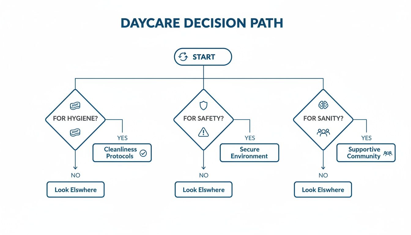 A flowchart outlining a daycare decision path, emphasizing hygiene, safety, and a supportive community.