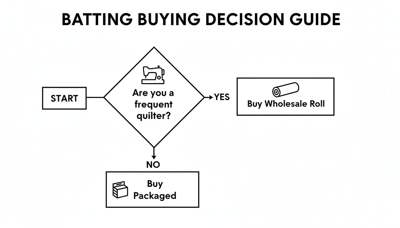 Flowchart guiding quilters on whether to buy wholesale rolls or packaged batting based on quilting frequency.