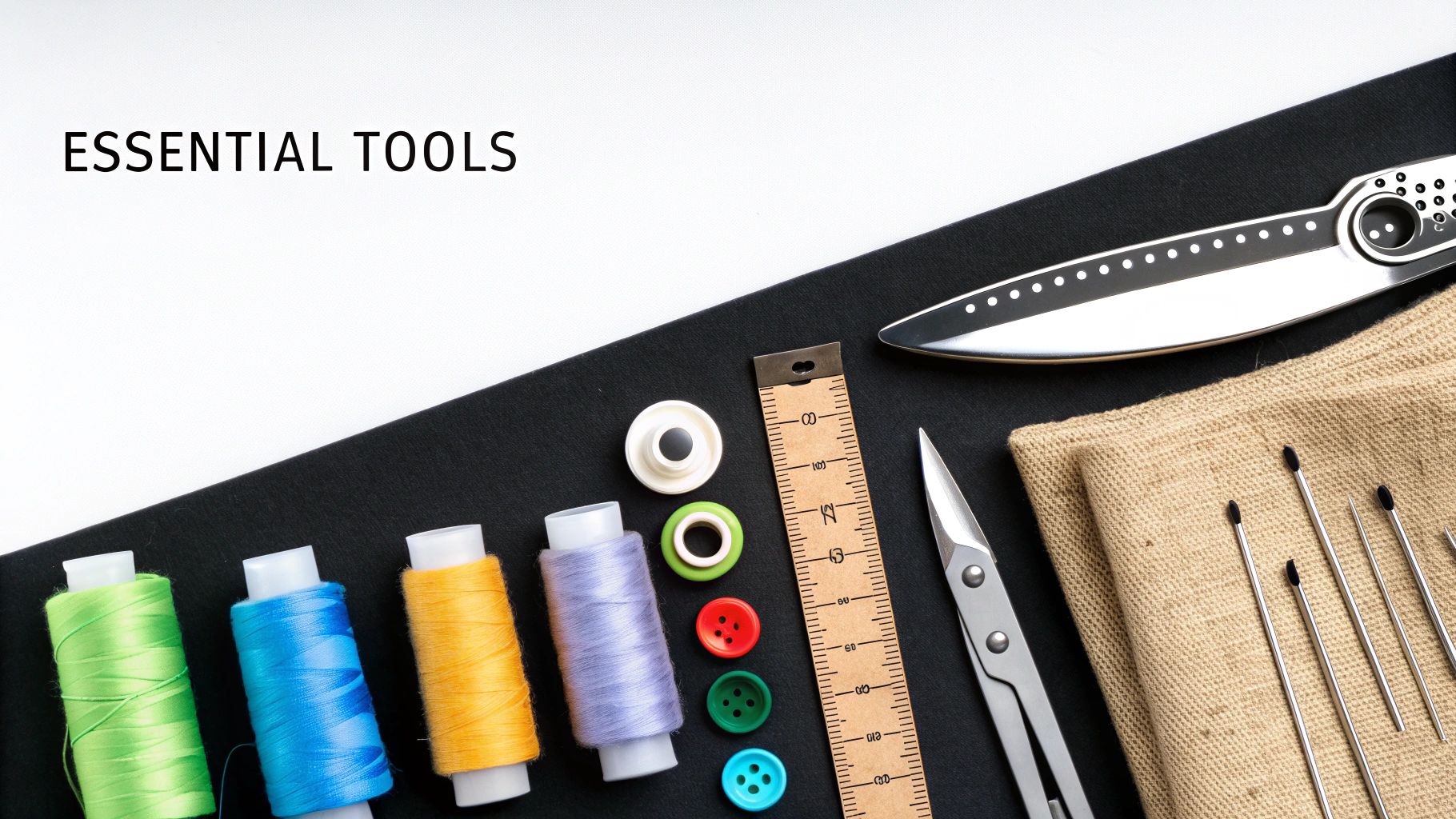 Essential sewing tools flat lay: colorful threads, buttons, scissors, ruler, and various accessories on a black surface.