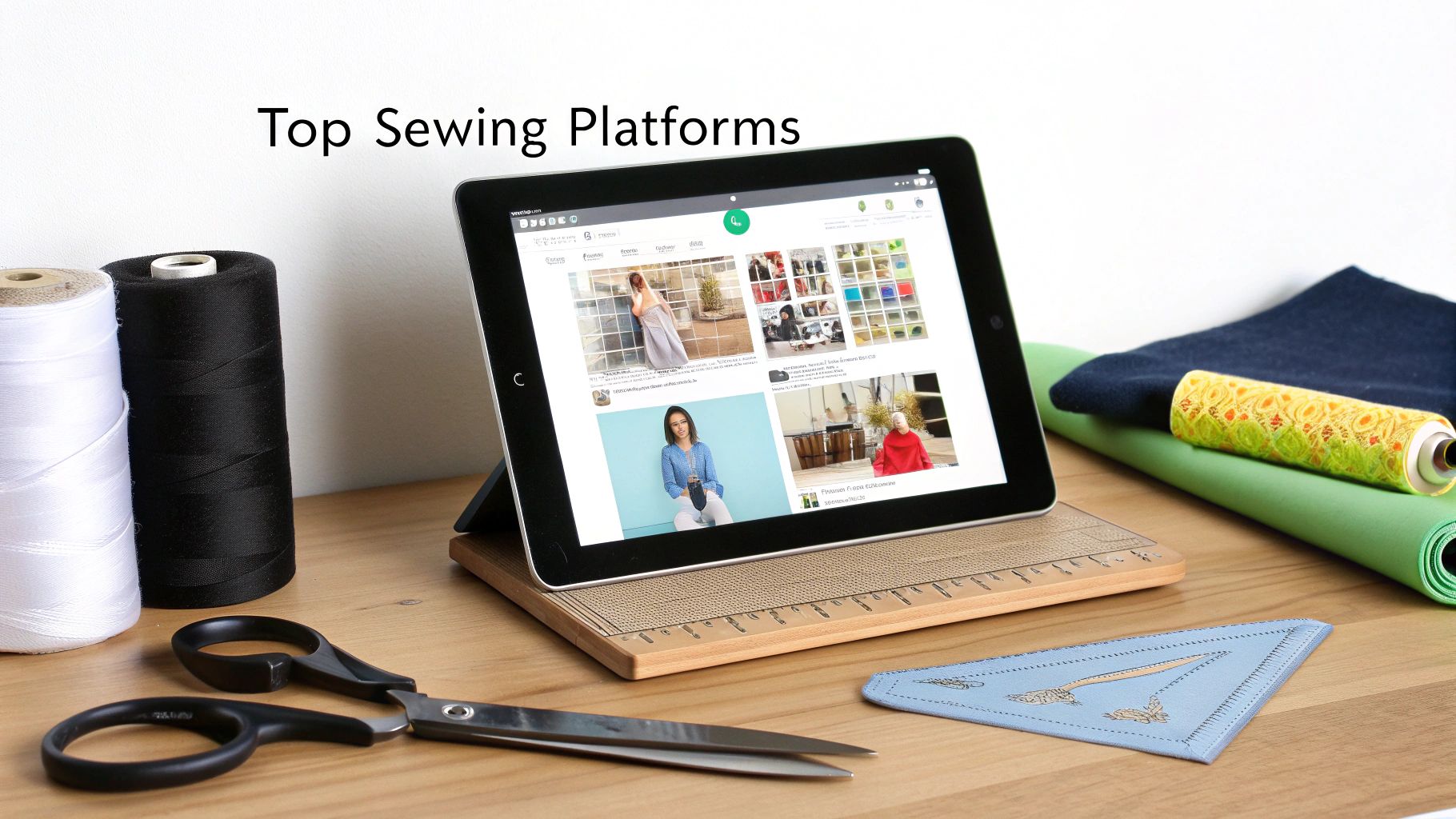 A tablet displaying sewing content, surrounded by various sewing supplies like thread, scissors, and fabric.