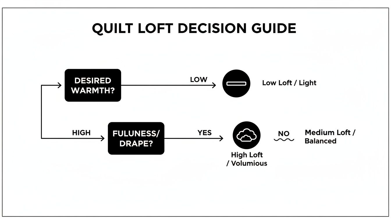 Flowchart for quilt loft decision, guiding selection based on desired warmth and fullness/drape.