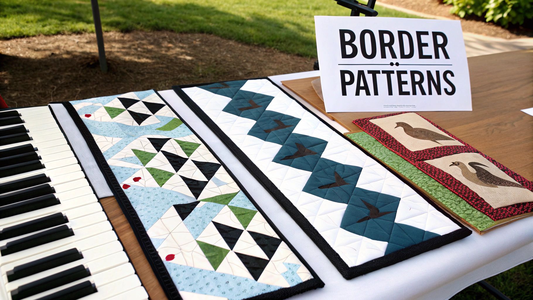 Close-up of various quilted fabric runners with geometric and bird patterns, alongside a 'BORDER PATTERNS' sign.