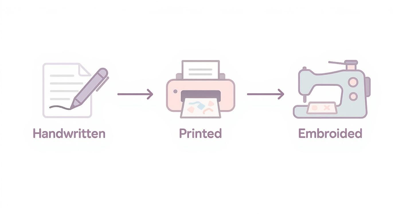 A visual process illustrating the steps from a handwritten design to printed and then embroidered.