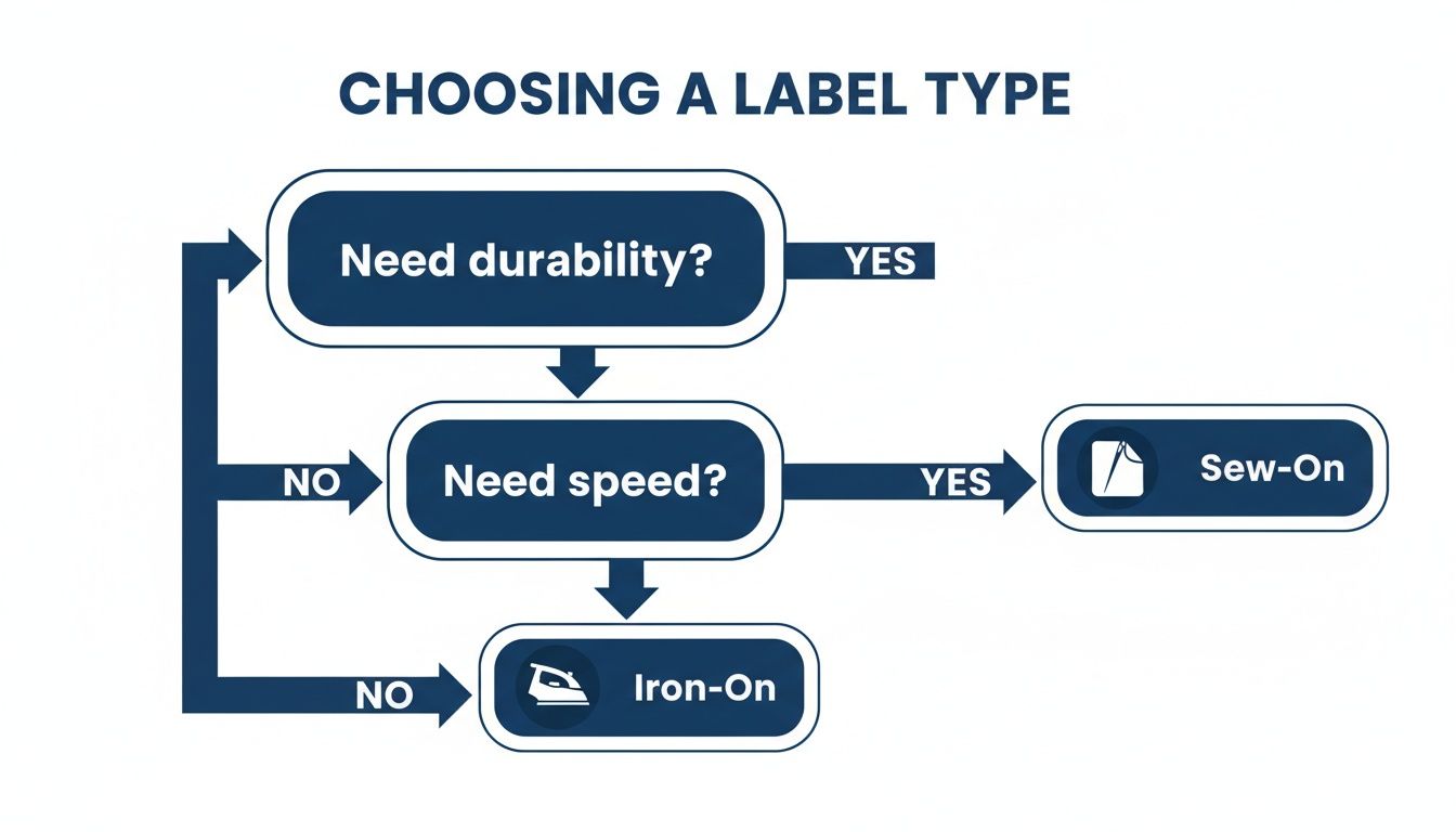 Flowchart detailing how to choose between sew-on and iron-on labels based on durability and application speed.