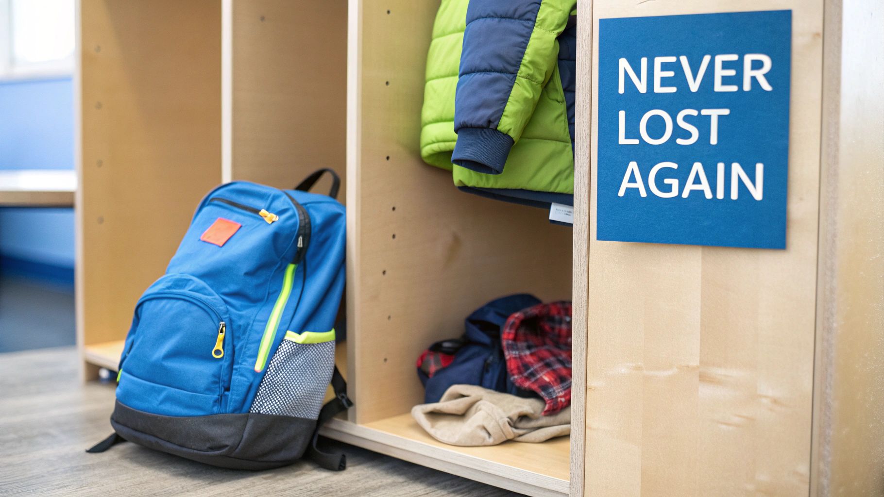 A blue backpack on the floor next to a wooden locker with clothes and a sign that reads 'NEVER LOST AGAIN'.
