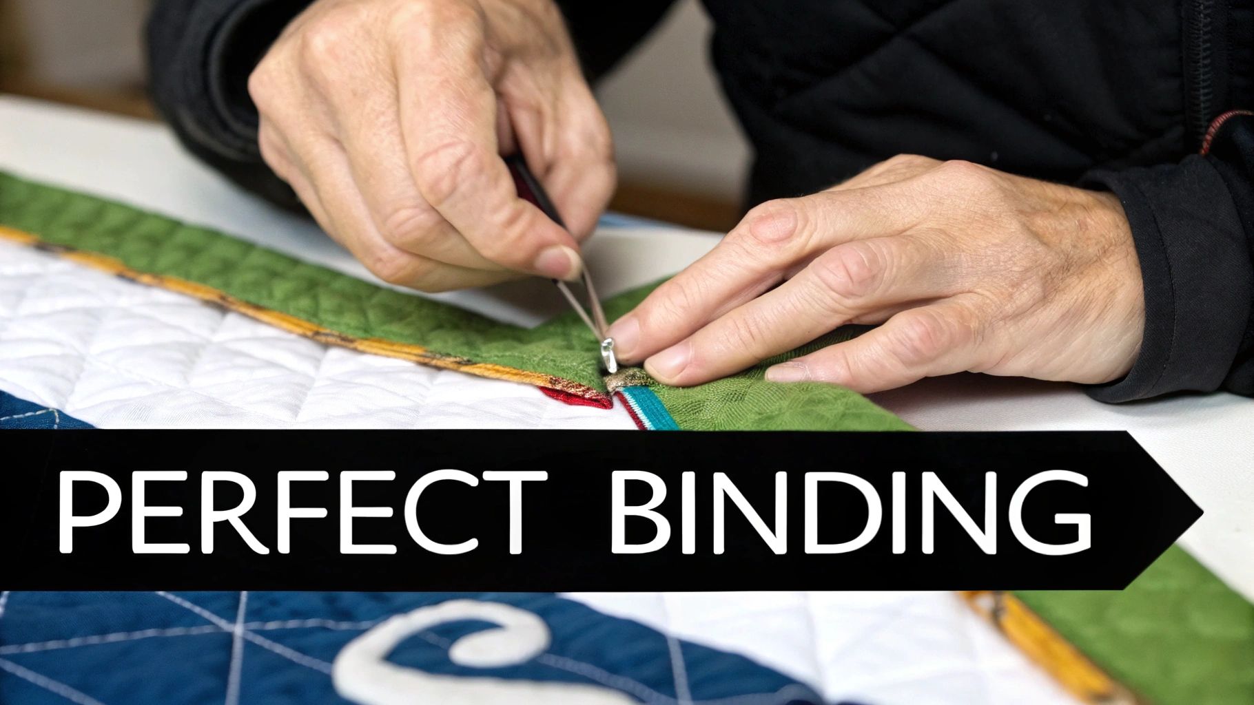 Close-up of hands meticulously attaching green fabric binding to a white and blue quilted blanket with a sewing tool, featuring 'PERFECT BINDING' text.