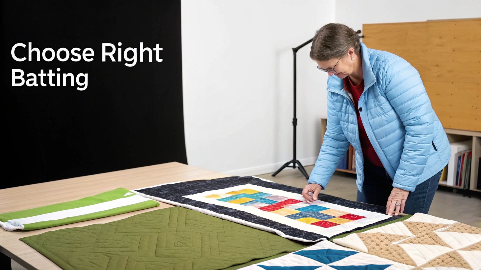A woman in a blue jacket examines quilted samples on a table, with text "Choose Right Batting" visible.