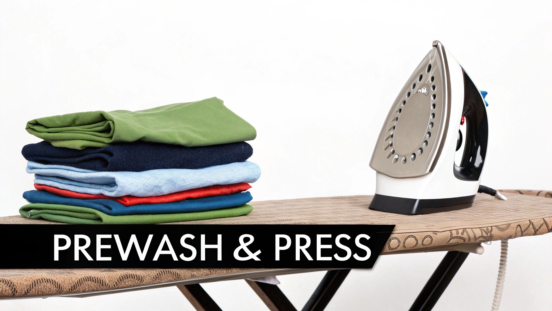 A stack of colorful folded clothes and an iron on an ironing board, with 'PREWASH & PRESS' text.