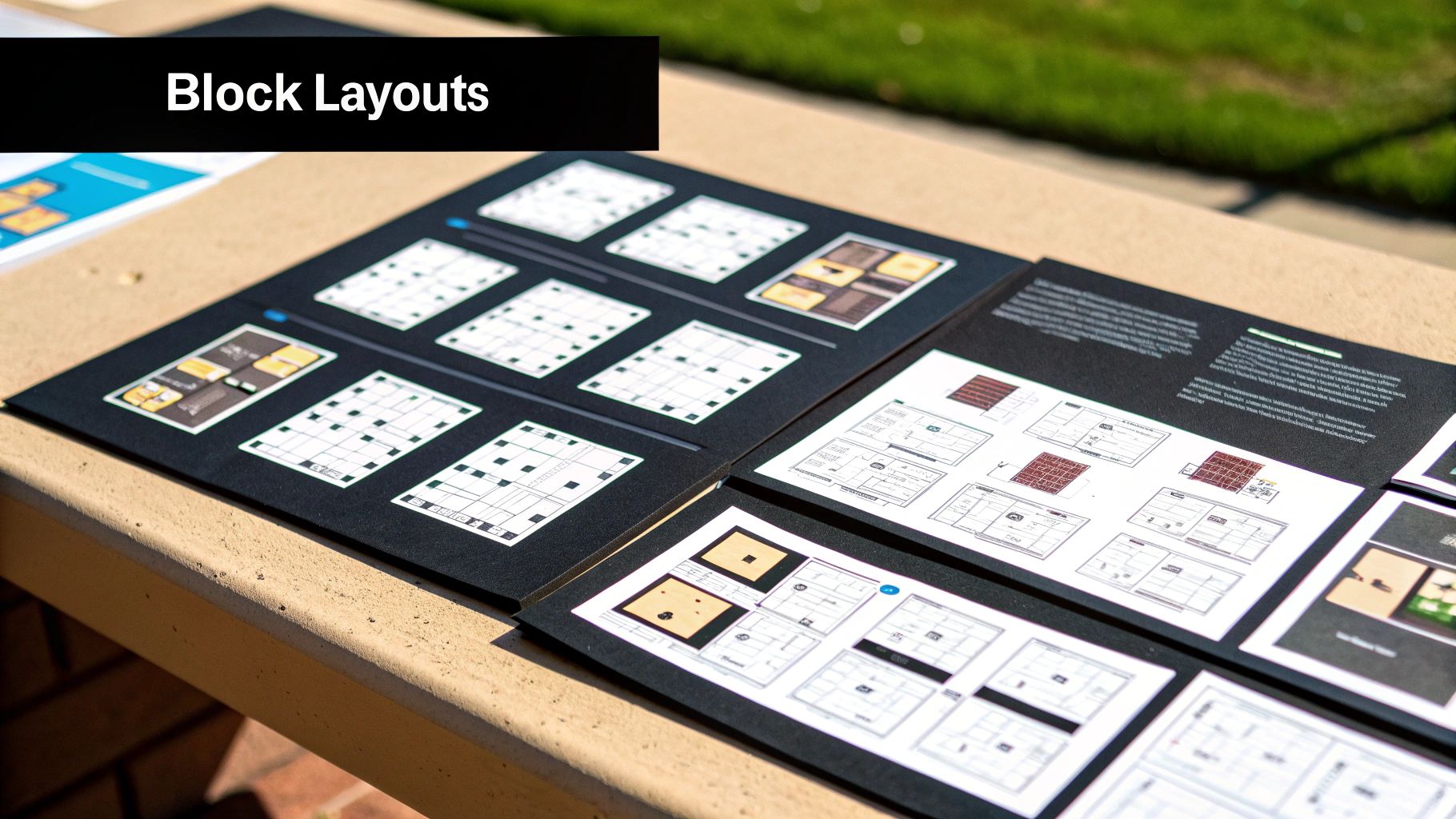 Various architectural block layouts and design diagrams displayed in open black folders on a beige surface.