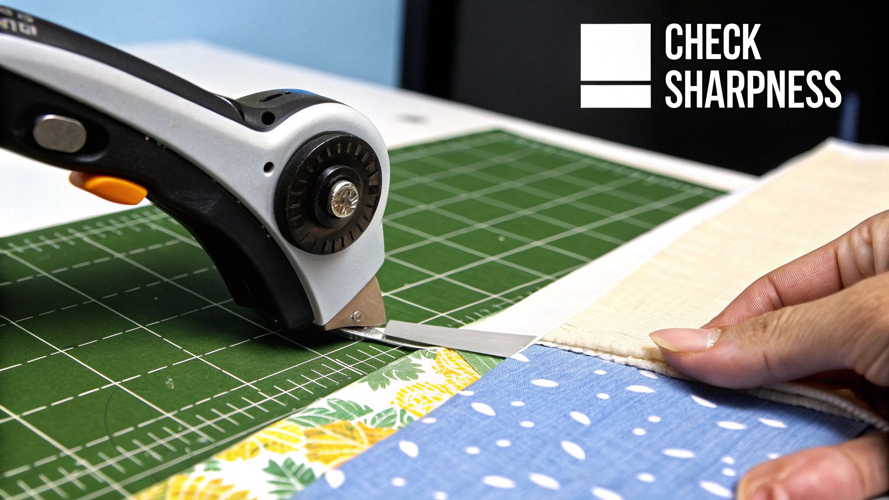 An organized workspace with a rotary cutter, a new blade, and a magnetic bowl.