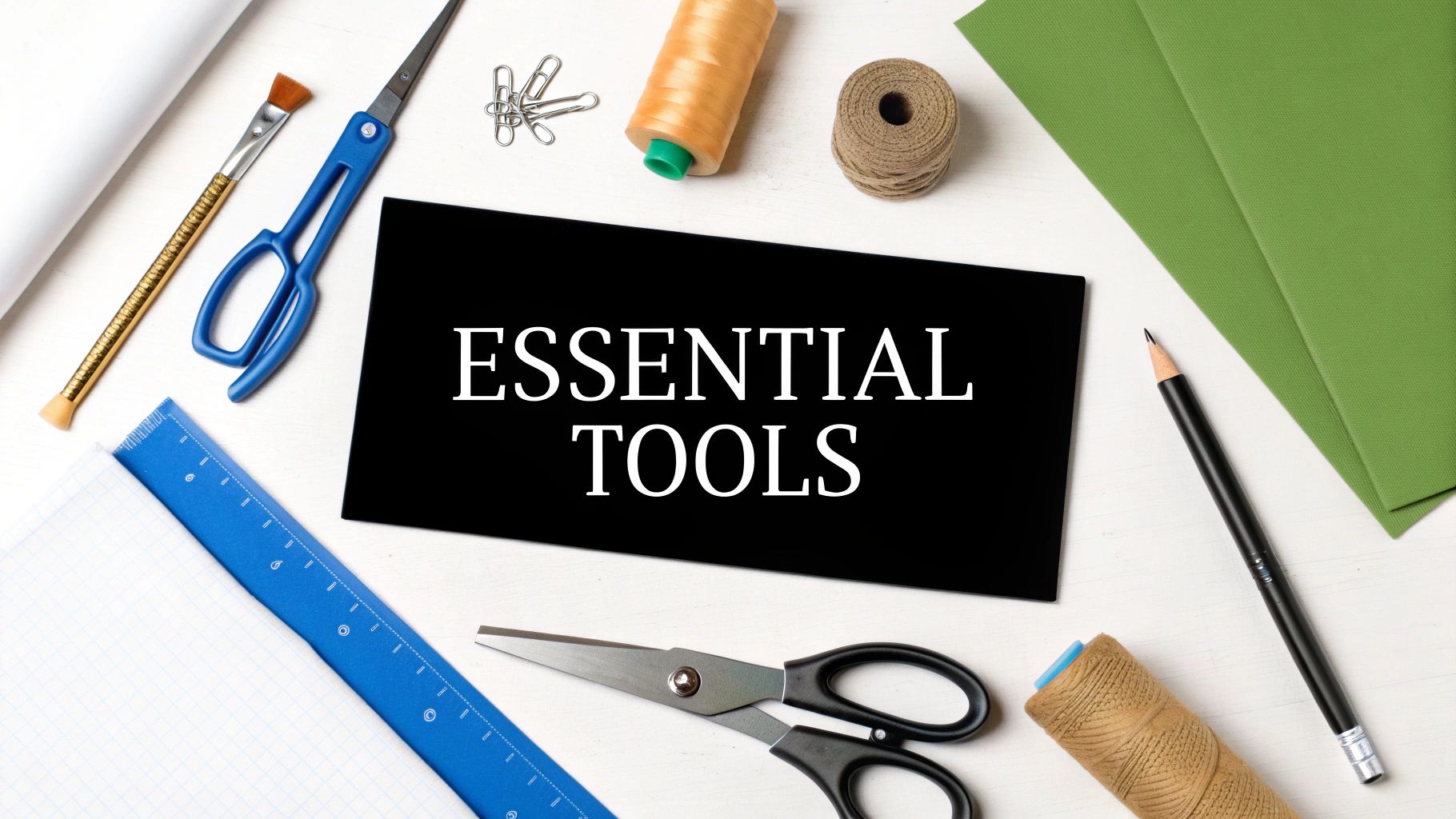 A flat lay of various crafting and office supplies surrounding a black card with 'ESSENTIAL TOOLS'.